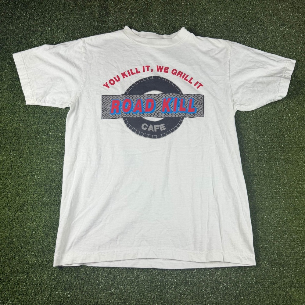 Vintage Road Kill Cafe T-Shirt White Large You Kill It We Grill It Novelty 1996